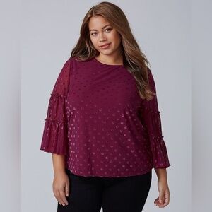 Lane Bryant Plus Size Purple Wine Dot Mesh Ruffle Sleeve Top Shirt 22/24
